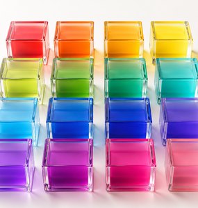 Sixteen translucent glass containers arranged in a tidy grid, their colours running in colour-wheel order
