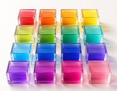 Sixteen translucent glass containers arranged in a tidy grid, their colours running in colour-wheel order