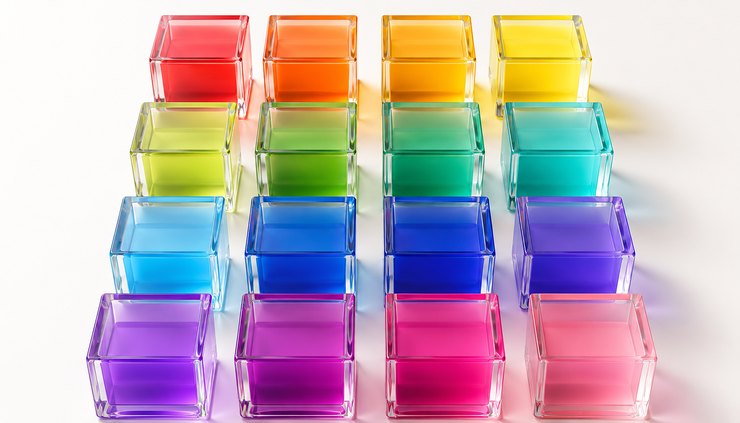 Sixteen translucent glass containers arranged in a tidy grid, their colours running in colour-wheel order